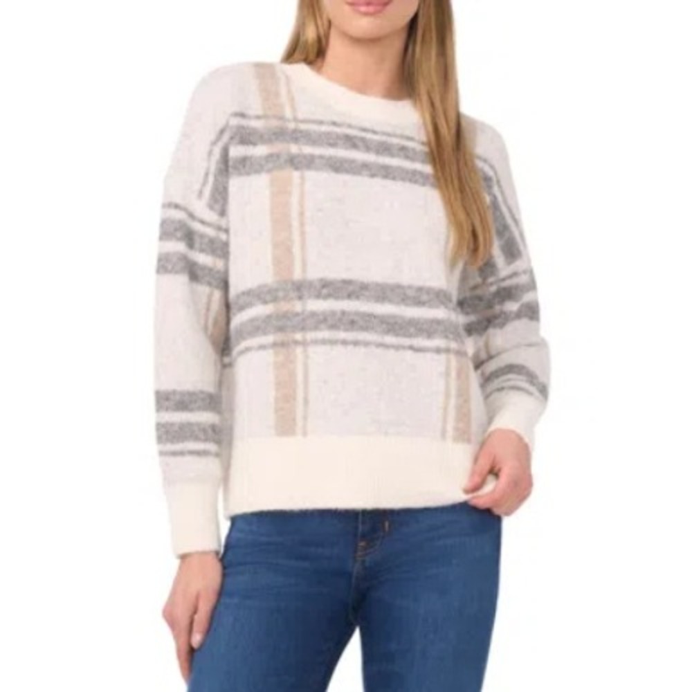 HALOGEN Plaid Jacquard Crewneck Sweater White Women Size XL Fuzzy Knit Cozy Warm